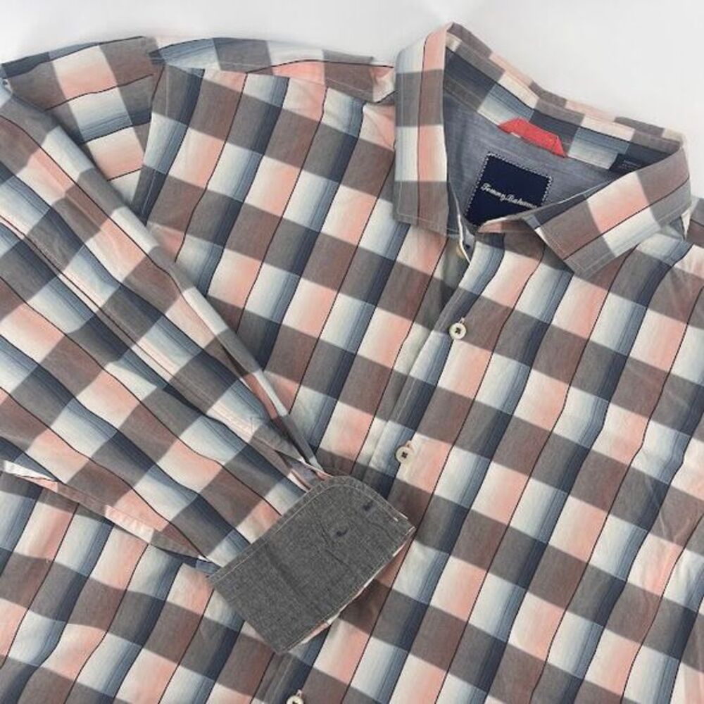 Tommy Bahama Men's Plaid Button Down Shirt Casual Cotton Pink Gray Blue XL